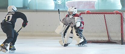 A young goalie and player