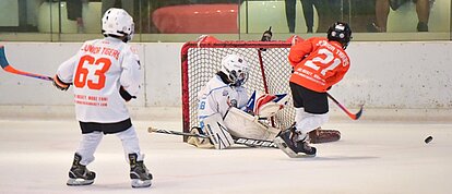 A young hockey player attempt on goal